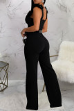 Black Sexy Street Solid Patchwork With Belt Asymmetrical Collar Regular Jumpsuits