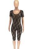 Black Sexy Solid Lace Patchwork See-through U Neck Skinny Rompers