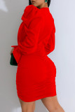 Red Elegant Solid Patchwork Draw String Fold V Neck Wrapped Skirt Dresses
