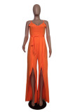 Tangerine Red Casual Solid Patchwork High Opening Spaghetti Strap Loose Jumpsuits