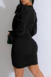 Red Elegant Solid Patchwork Draw String Fold V Neck Wrapped Skirt Dresses