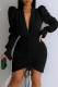 Black Elegant Solid Patchwork Draw String Fold V Neck Wrapped Skirt Dresses