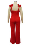 Red Sexy Street Solid Patchwork With Belt Asymmetrical Collar Regular Jumpsuits