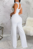 White Sexy Street Solid Patchwork With Belt Asymmetrical Collar Regular Jumpsuits