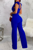 Blue Sexy Street Solid Patchwork With Belt Asymmetrical Collar Regular Jumpsuits