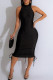 Black Elegant Solid Patchwork Draw String Backless O Neck Long Dress Dresses