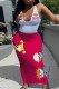 Red Street Character Print Patchwork Letter U Neck One Step Skirt Plus Size Two Pieces