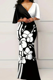 Black White Elegant Geometric Patchwork Contrast V Neck Long Dress Dresses