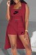 Burgundy Casual Print Letter U Neck Sleeveless Three Pieces