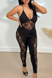 Black Sexy Solid Lace Patchwork See-through Spaghetti Strap Skinny Jumpsuits