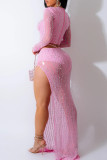 Pink Elegant Patchwork High Opening Mesh Hot Drill Zipper Asymmetrical Collar Long Sleeve Two Pieces