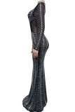 Black Elegant Patchwork See-through Hot Drill Zipper Half A Turtleneck Long Dress Dresses