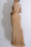Apricot Elegant Patchwork See-through Hot Drill Zipper Half A Turtleneck Long Dress Dresses