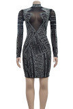 Black Elegant Patchwork See-through Hot Drill Zipper Half A Turtleneck Wrapped Skirt Dresses