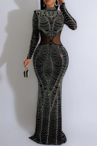 Black Elegant Patchwork See-through Hot Drill Zipper Half A Turtleneck Long Dress Dresses