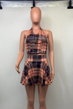 Camel Casual Plaid Patchwork Buckle V Neck Sleeveless Two Pieces