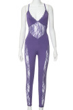 Purple Sexy Solid Lace Patchwork See-through Spaghetti Strap Skinny Jumpsuits