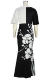 Black White Elegant Geometric Patchwork Contrast V Neck Long Dress Dresses