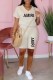 Apricot Casual Print Letter V Neck Short Sleeve Two Pieces