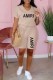 Light Beige Gray Casual Print Letter V Neck Short Sleeve Two Pieces
