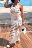White Sexy Solid Bandage Patchwork Halter Long Dress Dresses