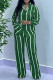 Green Casual Striped Patchwork Buckle Turndown Collar Long Sleeve Two Pieces