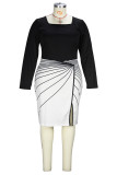 Black White Elegant Striped Patchwork Slit Zipper Square Collar Irregular Dress Plus Size Dresses