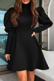 Black Elegant Solid Patchwork Turtleneck A Line Dresses