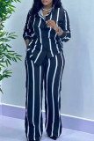 Black Casual Striped Patchwork Buckle Turndown Collar Long Sleeve Two Pieces