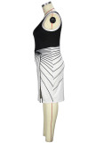 Black White Elegant Striped Patchwork Slit Zipper O Neck Irregular Dress Plus Size Dresses