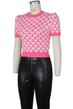 Pink Sweet Heart Shaped Patchwork Contrast O Neck T-Shirts