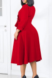 Red Elegant Solid Patchwork Buttons Fold V Neck A Line Dresses