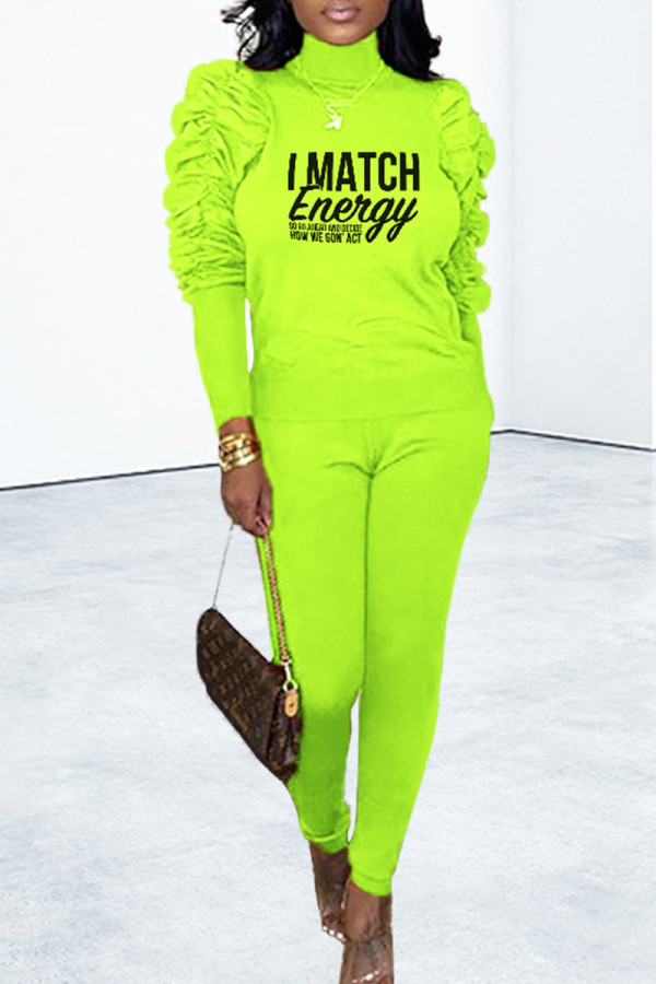 Green Elegant Print Patchwork Fold Turtleneck Long Sleeve Two Pieces