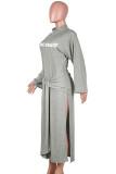 Grey Casual Print Bandage Patchwork High Opening Half A Turtleneck Long Dress Dresses
