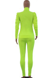 Green Elegant Print Patchwork Fold Turtleneck Long Sleeve Two Pieces