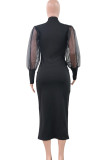 Black Elegant Print Patchwork Mesh O Neck Long Dress Dresses