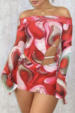 Red Street Print Bandage Patchwork Off the Shoulder Long Sleeve Two Pieces