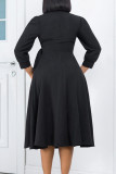 Black Elegant Solid Patchwork Buttons Fold V Neck A Line Dresses