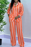 Red Casual Striped Patchwork Buckle Turndown Collar Long Sleeve Two Pieces