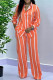 Tangerine Red Casual Striped Patchwork Buckle Turndown Collar Long Sleeve Two Pieces