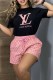 Black Casual Letter Embroidered O Neck Short Sleeve Two Pieces