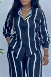 Black Casual Striped Patchwork Buckle Turndown Collar Long Sleeve Two Pieces