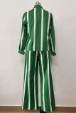 Green Casual Striped Patchwork Buckle Turndown Collar Long Sleeve Two Pieces