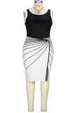 Black White Elegant Striped Patchwork Slit Zipper O Neck Irregular Dress Plus Size Dresses