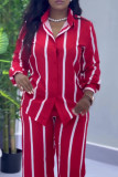 Red Casual Striped Patchwork Buckle Turndown Collar Long Sleeve Two Pieces