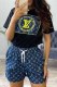 Black Casual Print Letter O Neck Short Sleeve Two Pieces