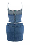 Light Blue Sexy Street Solid Patchwork Spaghetti Strap Sleeveless Two Pieces