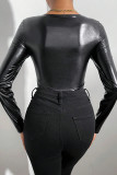 Black Sexy Solid Patchwork Asymmetrical Collar Skinny Bodysuits