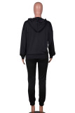Black Casual Print Patchwork Draw String Zipper Hooded Collar Long Sleeve Two Pieces