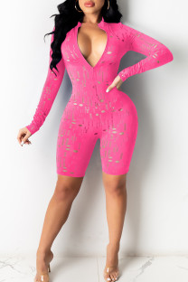 Rose Pink Sexy Solid Ripped Patchwork Zipper Zipper Collar Skinny Rompers
